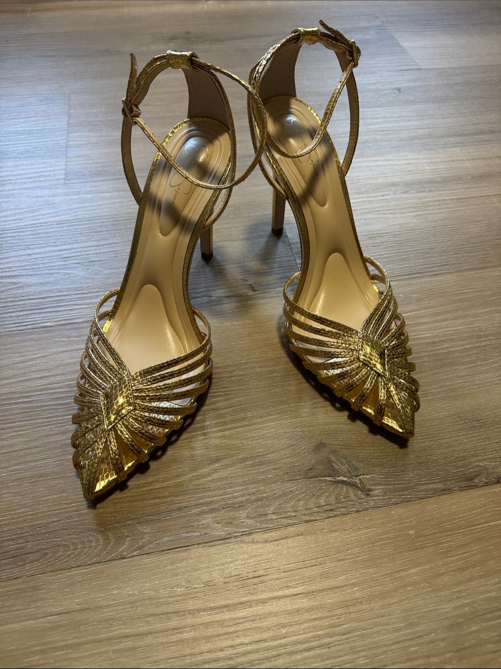 Jessica Simpson Metallic Gold Strappy Pointed-Toe Stiletto Heels